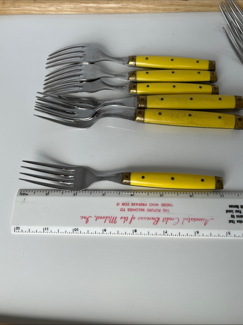 Vintage Bonniers France Yellow Handle Fork Set Brass Accent French Flatware - Picture 8 of 9